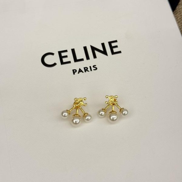 Orecchini Celine a tre griffe con perle Arc de Triomphe in oro nuovo