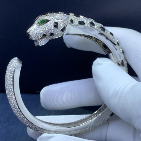 replica,repliche,fake,1:1,earrings,bracelet,ring,jewelry Cartier versione ampia di lusso con ghepardo pieno di diamanti Bracciale pantera in oro 18 carati squisita fattura serie in oro pesante (E0B8)