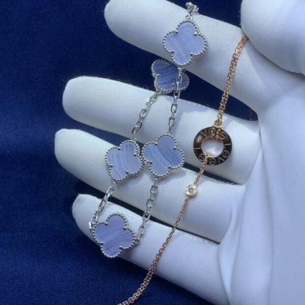 replica,repliche,fake,1:1,earrings,bracelet,ring,jewelry Bracciale torta a doppia catena Cartier con cinque fiori di calcedonio viola VCA, squisita fattura, oro vero 18k (D3E0)