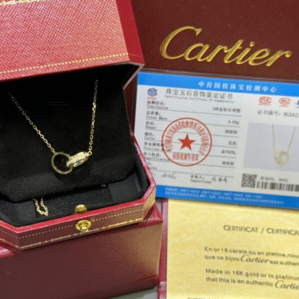 replica,repliche,fake,1:1,earrings,bracelet,ring,jewelry Foto reali della consegna, oro 18 carati personalizzato, oro vero e diamanti, fibbia a doppio anello serie LOVE Cartier con collana di diamanti, oro giallo (9DF9)