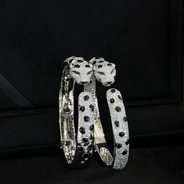replica,repliche,fake,1:1,earrings,bracelet,ring,jewelry Bracciale leopardo maculato Cartier pieno di diamanti e mezzi diamanti in oro vero 18 carati (8644)